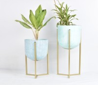 Jardinière en métal finition bleu clair moderne |   Support en acier avec revêtement en poudre dorée |   Maison moderne de luxe légère, durable et écologique