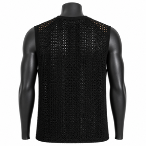 Chaleco de punto sin mangas de malla de ganchillo negro para hombre, estilo urbano, camiseta sin mangas de verano, venta al por mayor personalizada - Product Image 2