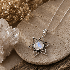 Rainbow <b>Moonstone</b> Lotus Flower Necklace Mandala Inspired Design White Gemstone Natural Colour Play 925 Sterling Silver Intuition - Product Image 3
