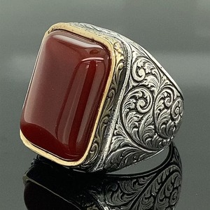<b>Men</b> Handmade Red Agate Gemstone <b>Ring</b> Ottoman Style Bezel Setting 925 Sterling <b>Silver</b> Third Party Certified Gift Him - Product Image 2