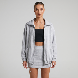 Women's Oversized Heather Grey Breathable Zip-Up Fleece Track Jacket with Stand Collar <b>Drop</b> Shoulder Toggle Hem 340g Fabric - Product Image 1