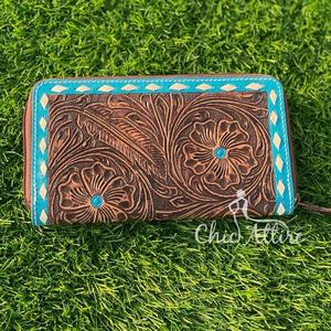 Vente chaude Western usiné à la main en cuir de vachette fermeture éclair portefeuille en cuir véritable femmes porte-carte portefeuille Turquoise Cowgirl pochette - Product Image 1