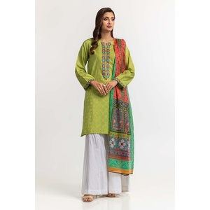 Chemise et dupatta pour femme en tissu dobby vert teint, brodés avec des motifs décoratifs - Product Image 1