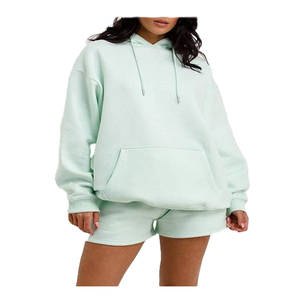 Conjunto corto de Sudadera con capucha de gran tamaño para mujer, ropa deportiva de verano, ropa informal estilo Hip Hop, caída en el hombro, estampado sólido lavado - Product Image 4