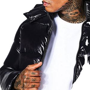 Chaqueta acolchada negra brillante para hombre con bordado de 'Love', abrigo de invierno con capucha, chaqueta cálida tipo burbuja, ropa exterior acolchada informal para exteriores, a la moda - Product Image 3