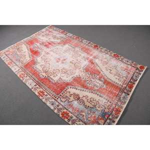 Tapis turc vintage de 4,2 x 6,8 pieds, tapis en laine rouge Ikat - Product Image 1