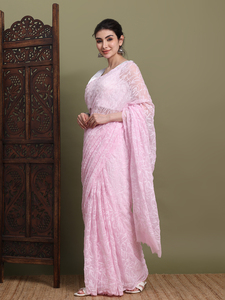 Bharat Chikan udhyog แท้ georgette chikankari ปักด้วยมือย่นฟรี Saree เลื่อมตัด Dana ทำงาน Viscose unstitched - Product Image 4