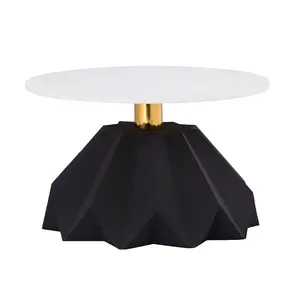 Luxury Table White Marble On Top Round Shape With Metal Flowering Shape Black Finished Base