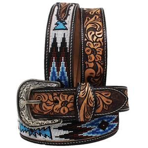 Cinturón de Cuero Premium Americano de Lujo al por Mayor, Cinturón Occidental con Cuentas, Cinturón de Cuero Vacuno con Diseño Floral Grabado a Mano, Regalo para Hombre - Product Image 1