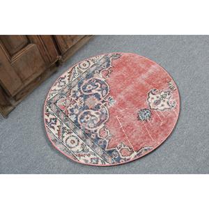 2.3x2.3 ft Turkish Rug, Vintage Round Rug, <b>Red</b> Blue Camouflage <b>Wool</b> Rug - Product Image 2