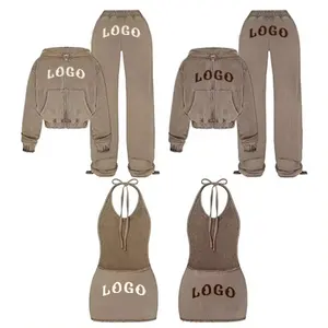 Chándales personalizados para mujer algodón francés Terry Vintage ácido lavado desgastado Sudadera con capucha pantalones de chándal y Sudadera con capucha Jogger conjunto estampado LOGO