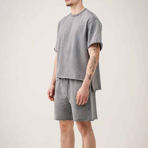 Ensemble de survêtement homme délavé à l'acide, T-shirt et short de sport d'été respirant à manches courtes, ensemble tricoté en coton - Product Image 2