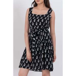 Nuevo Vestido Mini de Algodón con Cuello Cuadrado y Estampado Floral Negro para Mujer, Estilo Elegante en Línea A, para Fiestas/Días de Club, Vestidos Casuales - Product Image 1
