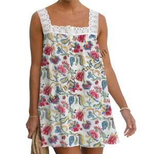 Chemise d'été légère pour femme en coton bohème à imprimé en blocs sans manches avec dentelle, haut décontracté d'inspiration hippie bohème en dentelle pour fille - Product Image 4