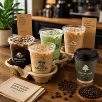 Plateau porte-gobelets jetable en pulpe de papier écologique AT PACK avec logo personnalisé pour 2 gobelets, idéal pour les boissons à emporter