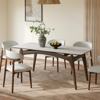 Table à manger 6 places au design moderne avec cadre en bois, plateau en marbre blanc et pieds courbes pour la maison, l'appartement, l'hôtel, la salle à manger