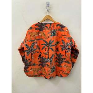 Hand Block-Printed <b>Quilted</b> Cotton <b>Jacket</b> in the Jungle Orange for Summer - Product Image 2