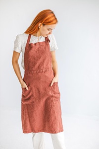 Traditional Women's Linen Full Bib <b>Kitchen</b> <b>Apron</b> Kit Terracotta with Pockets Organic and Natural Style - Product Image 1