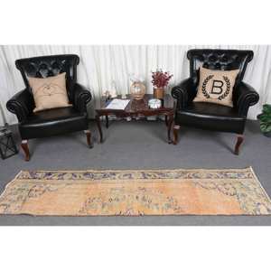 Alfombra de lana de retazos azul naranja Vintage 1,9 X 7.4ft alfombra de sala de estar de tejido plano turco con respaldo de látex 4m de ancho - Product Image 2