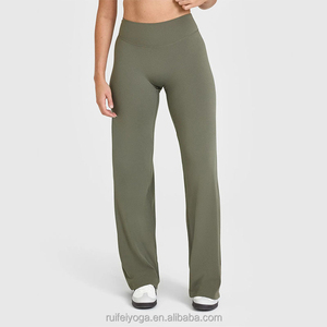 Mallas de entrenamiento acampanadas de cintura alta con logotipo personalizado OEM, pantalones de Yoga de pierna ancha rectos elásticos suaves para mujer para estilo informal de primavera - Product Image 3