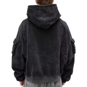 Sweat-shirt à capuche personnalisé avec logo imprimé, poche cargo, en coton, avec grande capuche, polaire épais, lavage à l'acide, OEM - Product Image 3