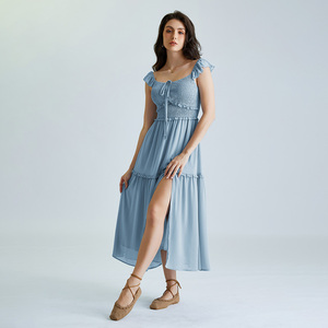 OEM Renaissance Mujeres Casual <span class=keywords><strong>Maxi</strong></span> Vestidos de gasa Cintura elástica Cuadrado Escote en V Slit A-Line Smocked Corpiño <span class=keywords><strong>Maxi</strong></span> Longitud Chic - Product Image 6