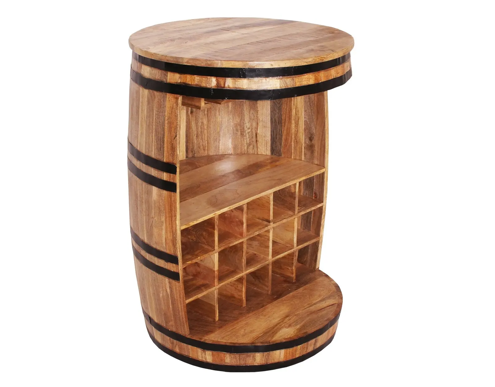 Di alta qualità riciclato Mango in legno di nuovo Design vino Barrel Bar Cabinet in metallo in nero antico per Home Bar e ristorante