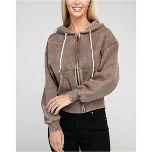 Cuello alto, sudaderas con capucha cortas con cremallera para mujer, sudaderas con capucha transpirables antipilling de algodón pesado con cremallera personalizada para mujer - Product Image 3