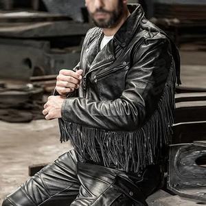 Factory 2025 Fashion-Tassel Motocicleta genuina Flecos-Borlas Cuero de vaca Slim-Fit Transpirable Bombers Biker Chaquetas - Product Image 3