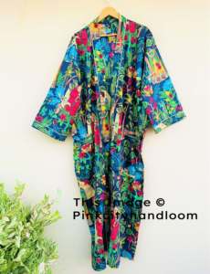 Kimono Floral con estampado de bloques a mano, vestido de dama de honor de algodón de verano para Primavera, otoño e invierno, vestidos informales - Product Image 3