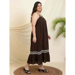 Deebaco Robe longue marron grande taille pour femme avec bordure zigzag blanche, bretelles spaghetti, style bohème, coupe ample, tenue d'été western - Product Image 4