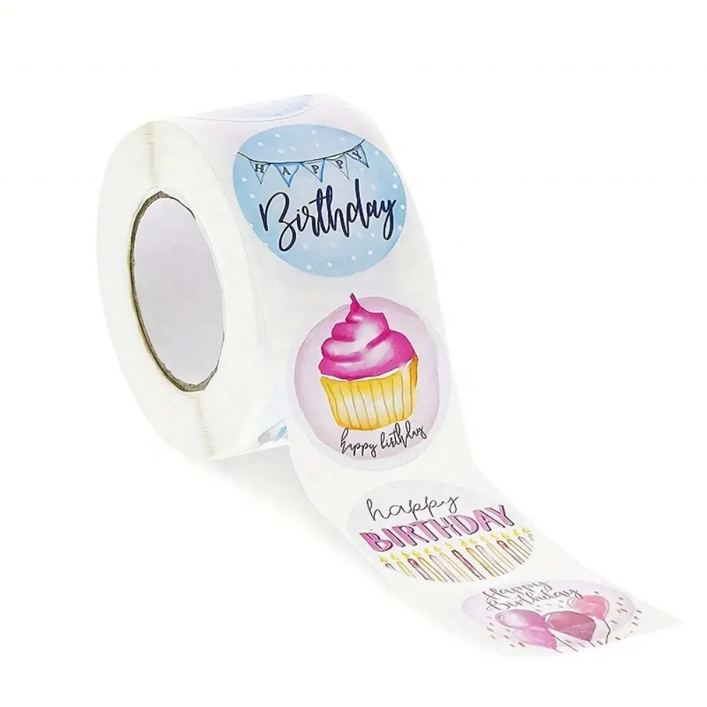 MOVKZACV 1 Roll of 500 Pieces Happy Birthday Stickers Watercolor Happy