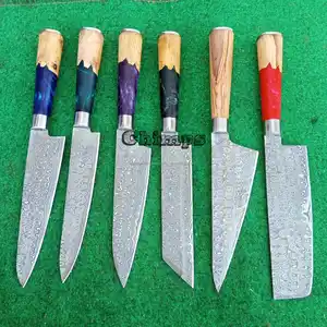 Cuchillos de cocina de Damasco, mango de resina y madera de olivo, acero de Damasco, cuchillo de Chef Nakiri profesional de alta calidad