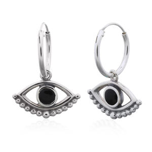 Pendientes de aro de piedra negra de ojo malvado de plata 925 - Product Image 1