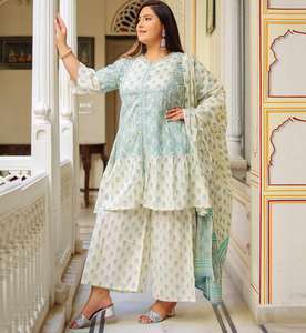 Ensemble Kurta A-line à imprimé floral gris pour femmes avec col rond et manches bouffantes, accompagné de Sharara et de dupatta assorti - Product Image 4