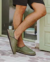Chaussons plats unisexes faits à la main en cuir véritable vert olive, écologiques, légers, confortables, toutes saisons, vente en gros, fabriqués au Maroc