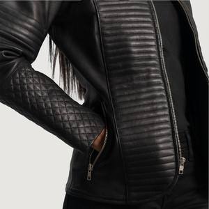 Veste en cuir matelassée noire pour femmes, col rond, fermeture éclair sur le devant, vêtements d'extérieur, style de couture horizontale, mode féminine - Product Image 5