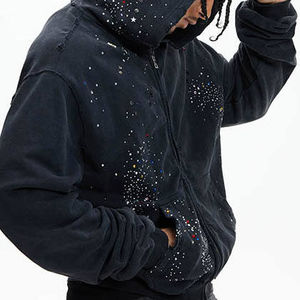 Sweat à capuche respirant à fermeture éclair sur le devant, en coton 100% vintage, lavé à l'acide, orné de cristaux en strass, diamant d'hiver - Product Image 3