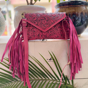 Vente en gros de sacs à main personnalisés usinés à franges sac à bandoulière en cuir véritable sculpté à la main de couleur rose sacs à bandoulière de style occidental - Product Image 5