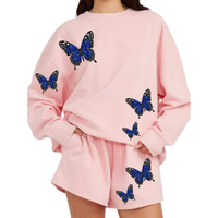 Ensemble court de sweat-shirt d'été décontracté 2 pièces personnalisé pour femmes vêtements pour filles avec paillettes de papillon brodées à la main