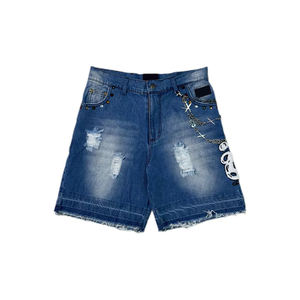 Precio bajo Streetwear Custom Summer OEM Vintage Wash Men Jeans Shorts con diamantes de imitación Pantalones cortos de mezclilla - Product Image 1