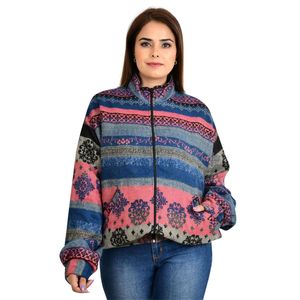 เสื้อคลุมซิปผ้าขนสัตว์ผสมขนจามรีแบบกิโมโน สวมใส่สบายและอบอุ่นสำหรับฤดูใบไม้ร่วง-ฤดูหนาว ลายกราฟิกแอซเท็กน่ารัก - Product Image 1