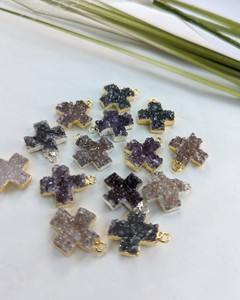 Druzy <b>Cross</b> Shape <b>Sterling</b> <b>Silver</b> Plated Handmade Pendant Wholesale Jewelry Supply Wedding Art Deco - Product Image 1