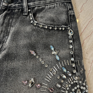 Hot Sale Custom Men's 100% Denim Shorts Rhinestone pant Summer jeans Diamond Crystal Side <b>Strip</b> Washed Denim Shorts for Men - Product Image 5