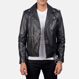 Veste de motard en cuir véritable noir de qualité supérieure pour hommes, vêtements de moto avec col montant et tissu en toile - Product Image 3