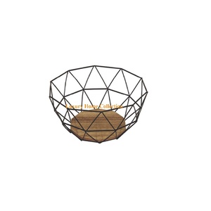 Seau et panier de rangement en métal Durable de conception géométrique de fantaisie aspect attrayant enduit de poudre de couleur noire avec Base en bois - Product Image 1