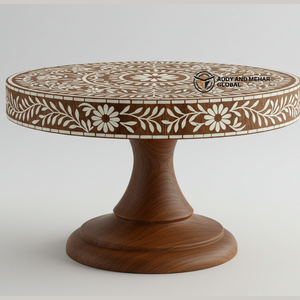 Support à gâteau rond en bois avec incrustations d'os, fait à la main, écologique, avec un savoir-faire classique et des détails floraux - Product Image 1