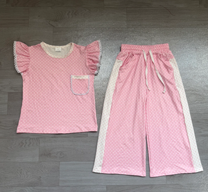 ชุดเสื้อแขนระบายลายจุดสีชมพูสำหรับเด็กผู้หญิงพร้อมกางเกงขาบาน - Product Image 2