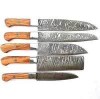 Juego de Cuchillos de Cocina de Acero de Damasco Hechos a Mano, 5 Piezas, con Mango de Madera, Incluye Bolsa de Cuero Gratis