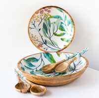 Ensemble de bols à salade, cuillères, assiettes, sous-verres et planches à découper en bois émaillé, faits à la main, contemporains, jetables et biodégradables pour la cuisine